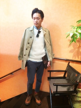 「ケーブルニット」｜「アイテム（トレンチコート）」を使った、U-Daiさん（メンズ・180cm）の冬コーディネート