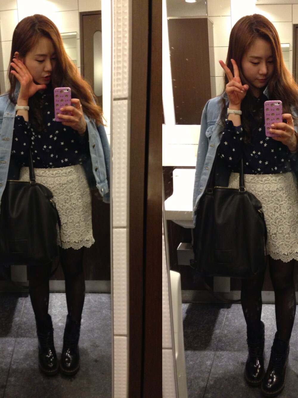 「Dr.Martens、花柄スカート、デニム ジャケット」｜「atmos/atmos girlsのDr.Martens 1460 WOMENS 8EYE BOOT [ドクターマーチン 1460 ウィメンズ 8アイ ブーツ]（ブーツ、ブラック系）」を使った、minziさん（レディース・160cm）の春コーディネートの1枚目の写真