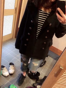 「ボーイフレンドデニム」｜「アイテム（ピーコート）」を使った、mutsukiさん（レディース・159cm）の冬コーディネート