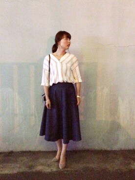 「H&M（エイチ・アンド・エム）のアイテム（シューズ、ベージュ系）」を使った、amberluさん（レディース・164cm）の夏コーディネート
