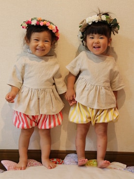 「Handmade（ハンドメイド）のアイテム（トップス、ベージュ系）」を使った、RICOMARUさん（キッズ・90cm）の秋コーディネート