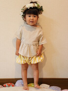 「Handmade（ハンドメイド）のアイテム（トップス、ベージュ系）」を使った、RICOMARUさん（キッズ・90cm）の秋コーディネート