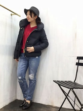 「ハットコーデ」｜「アイテム（ダウンジャケット/コート）」を使った、undixcors_officialさん（レディース・155cm）の冬コーディネート