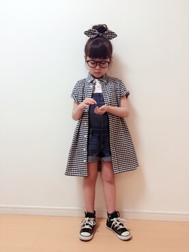 「無印良品（ムジルシリョウヒン）のアイテム（シャツワンピース）」を使った、にこり☺︎さん（キッズ・110cm）の春コーディネート