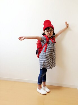 「無印良品（ムジルシリョウヒン）のアイテム（シャツワンピース）」を使った、にこり☺︎さん（キッズ・110cm）の春コーディネート