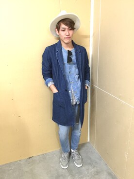 「ショップコート」｜「アイテム（デニムジャケット）」を使った、佐脇涼太さん（メンズ・172cm）の冬コーディネート