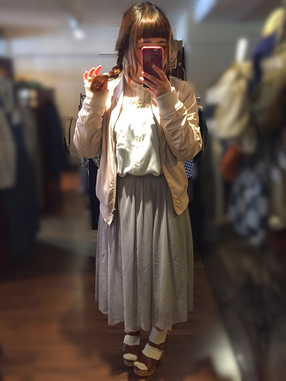 「みつあみ、お気に入り、春、スキスカ、earth music&ecology、ブルゾン、ピンク」｜「WEGOのアイテム（ブルゾン、ピンク系）」を使った、まゆまる。さん（レディース・148cm）の春コーディネートの1枚目の写真