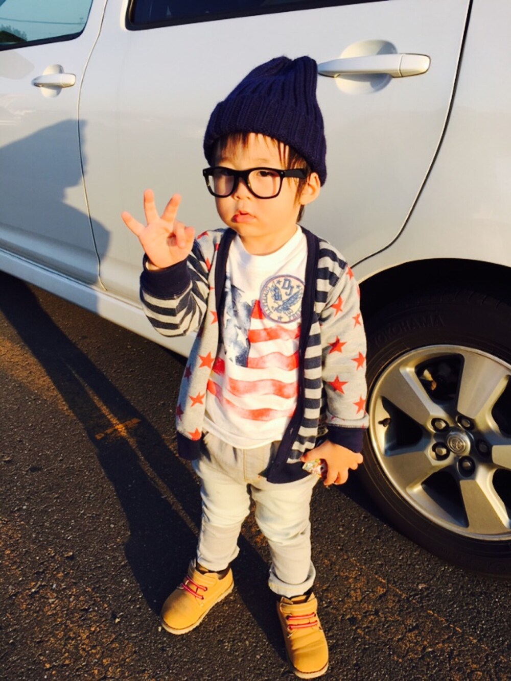 「男の子、キッズコーデ、2歳9ヶ月、ニット帽、ダテメガネ、ティンバーランド風、イオン」｜「GUの（GU）ニットキャップ（雑貨/ホビー、ブルー系）」を使った、ayumu♡anzuさん（キッズ・100cm）の秋コーディネートの1枚目の写真