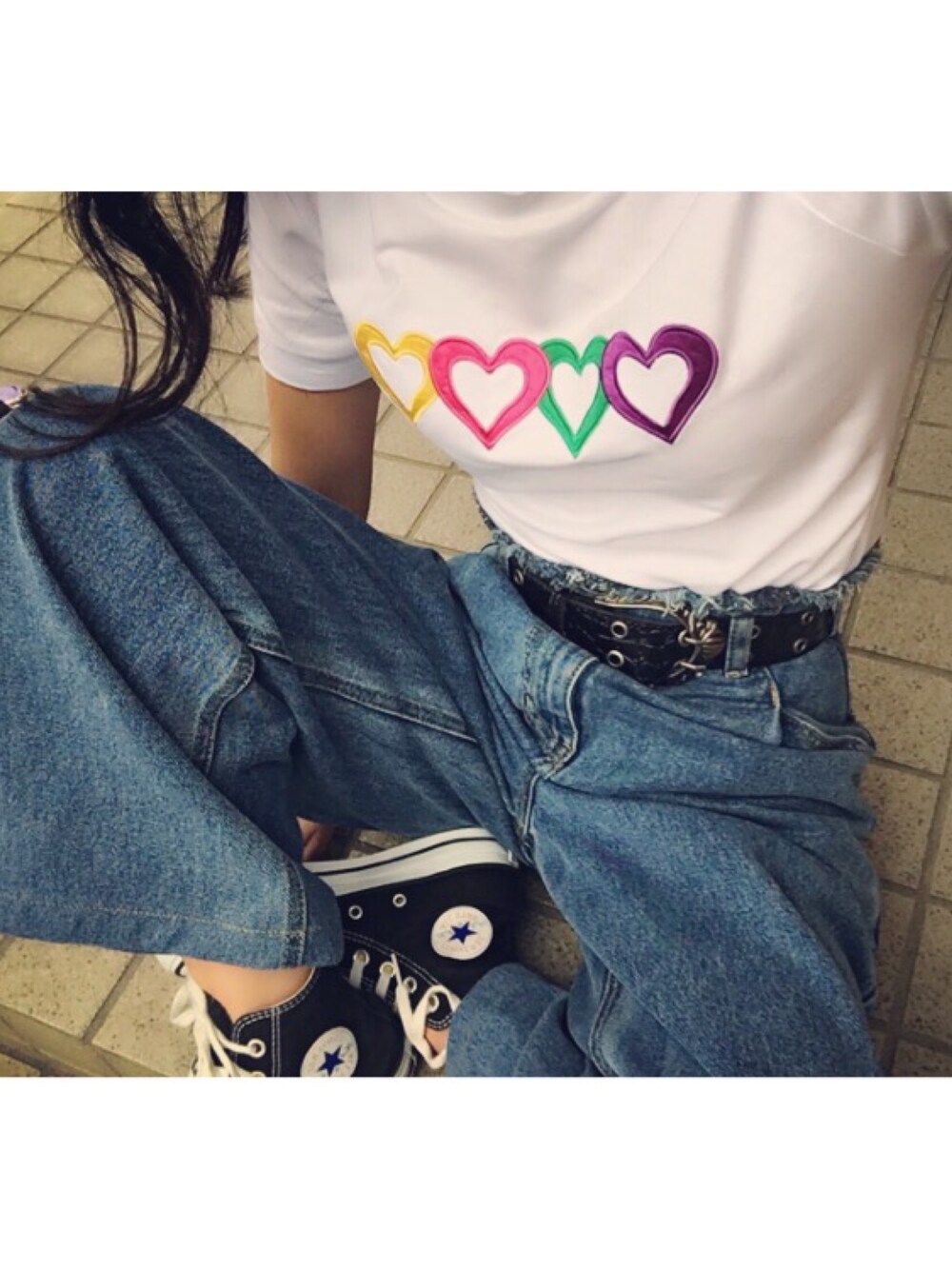 「EVRIS 、FIG&VIPER、フリンジ、ワイドパンツ、converse、allstar、コンバース、デニム、夏、ハイカットスニーカー」｜「EVRISのウエストフリンジデニムワイドPT（デニムパンツ、ブルー系）」を使った、Mao🖤さん（レディース・153cm）の春コーディネートの1枚目の写真