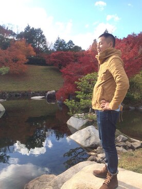 「アイテム（マウンテンパーカー、ゴールド系）」を使った、カズさん（メンズ・175cm）の秋コーディネート