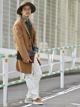 「アイテム（チェスターコート）」を使った、KENTAさん（メンズ・173cm）の夏コーディネート