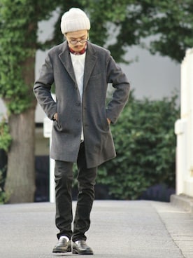 「アイテム（チェスターコート）」を使った、KENTAさん（メンズ・173cm）の夏コーディネート