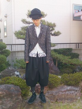 「BLACK COMME des GARCONS（ブラックコムデギャルソン）のレース燕尾ジャケット（テーラードジャケット、ブラック系）」を使った、じーこむさん（メンズ・177cm）の春コーディネート
