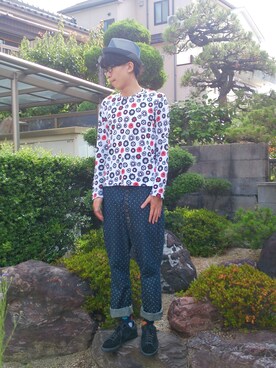 「BLACK COMME des GARCONS（ブラックコムデギャルソン）のたぶん花柄Tシャツ（Tシャツ/カットソー、ホワイト系）」を使った、じーこむさん（メンズ・177cm）の夏コーディネート