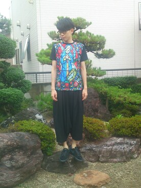 「LIMI feu（リミフゥ）のヘビロテカボチャパンツ（その他パンツ、ブラック系）」を使った、じーこむさん（メンズ・177cm）の夏コーディネート