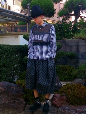 「BLACK COMME des GARCONS（ブラックコムデギャルソン）のギンガムパッチブラウス（シャツ/ブラウス、ブラック系）」を使った、じーこむさん（メンズ・177cm）の秋コーディネート