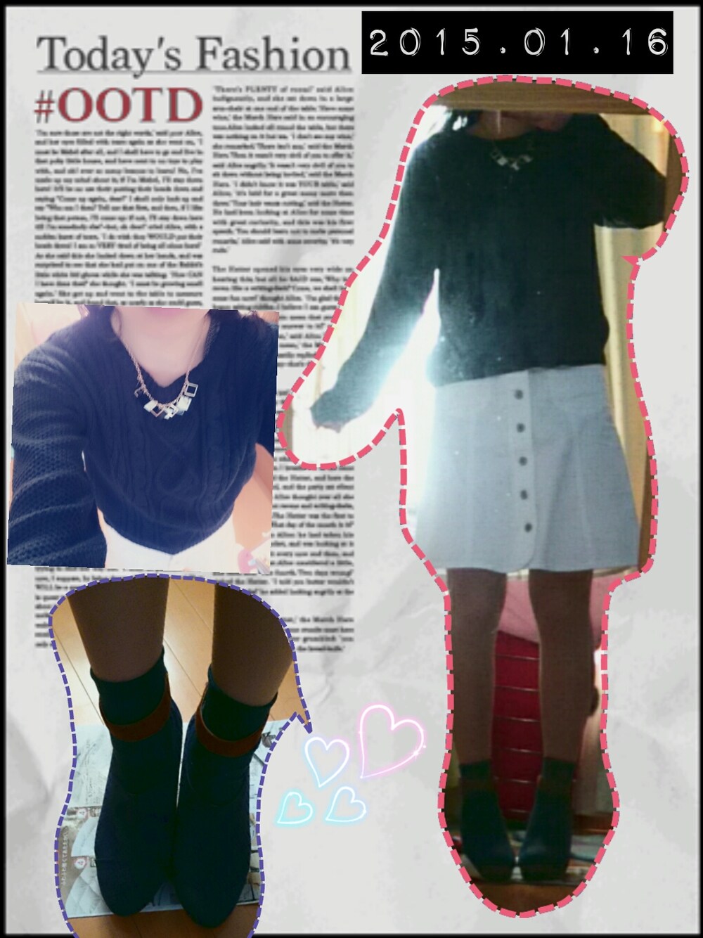 ベージュ系のチェスターコート、ホワイト系のデニムスカート、ブルー系のブーツを着用したレディースの冬コーディネートの1枚目の写真