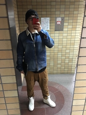 「AZUL by moussy（アズールバイマウジー）のカットデニム裏ボアZIPブルゾン淡色（デニムジャケット、ブルー系）」を使った、degucchanさん（メンズ・174cm）の冬コーディネート