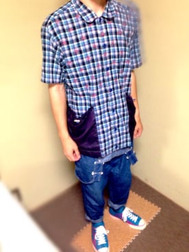 「ジャパンブルー」｜「アイテム（サロペット/オーバーオール）」を使った、じーこさん（メンズ・165cm）の夏コーディネート