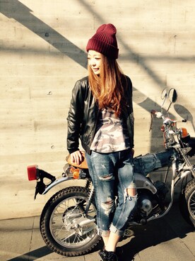 「ぺプラムトップス」｜「アイテム（ライダースジャケット）」を使った、maiさん（レディース・160cm）の秋コーディネート