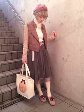 「LILY BROWN（リリーブラウン）のアイテム（ライダースジャケット）」を使った、natsumiさん（レディース・150cm）の冬コーディネート