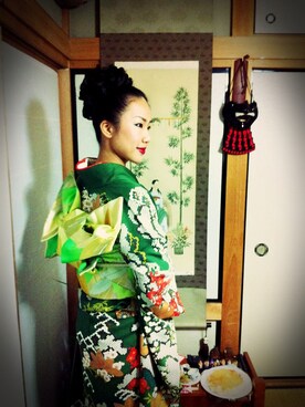 「アイテム（浴衣、グリーン系）」を使った、Kayさん（レディース・160cm）の冬コーディネート