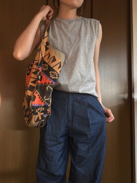 「アイテム（トートバッグ、オレンジ系）」を使った、Acoさん（レディース・157cm）の夏コーディネート