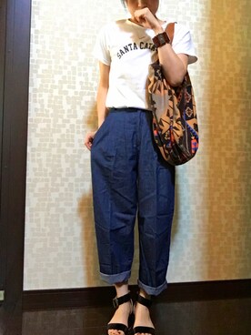 「アイテム（トートバッグ、オレンジ系）」を使った、Acoさん（レディース・157cm）の夏コーディネート