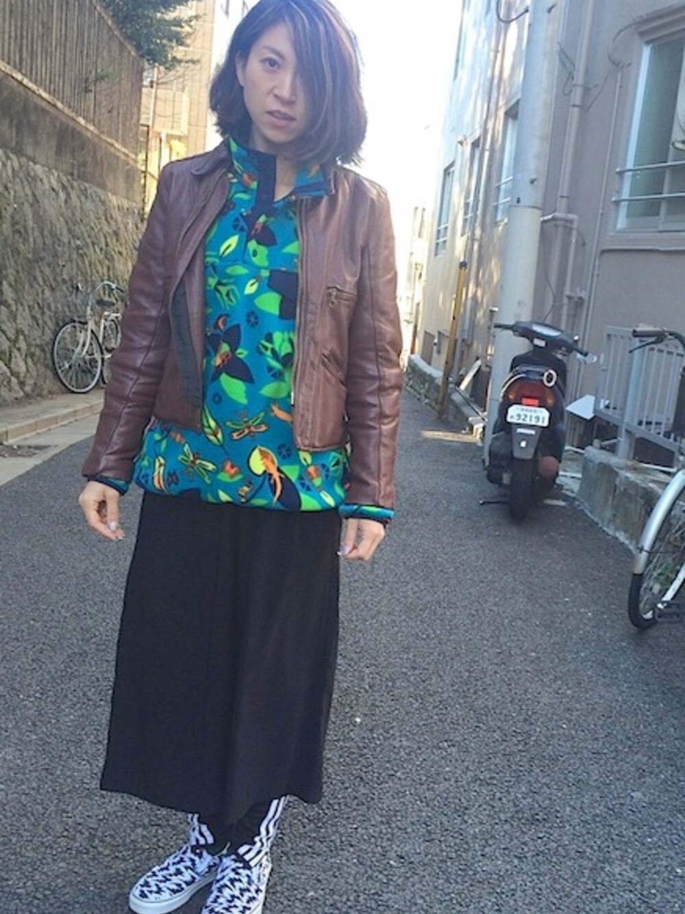 「ライダース、フリース、 レザージャケット、 春コーデ、 メッシュ、fridge、フリッジ、fridgesetagaya、雪国ファッション、 レギュラー古着」｜「VANSONのVANSON（ライダースジャケット、ブラウン系）」を使った、fridgeさん（レディース・161cm）の冬コーディネートの1枚目の写真