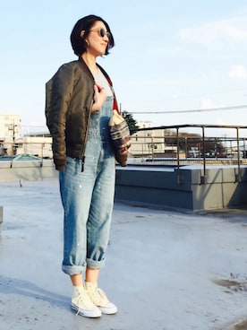 「BOBSON（ボブソン）のアイテム（オールインワン・サロペット）」を使った、mayu.tさん（レディース・155cm）の春コーディネート