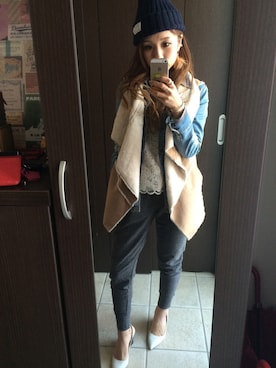 「白パンプス」｜「アイテム（その他アウター）」を使った、kiiie☺︎さん（レディース・153cm）の冬コーディネート
