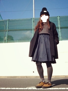 「ストライプスカート」｜「アイテム（ステンカラーコート）」を使った、noncoさん（レディース・165cm）の冬コーディネート