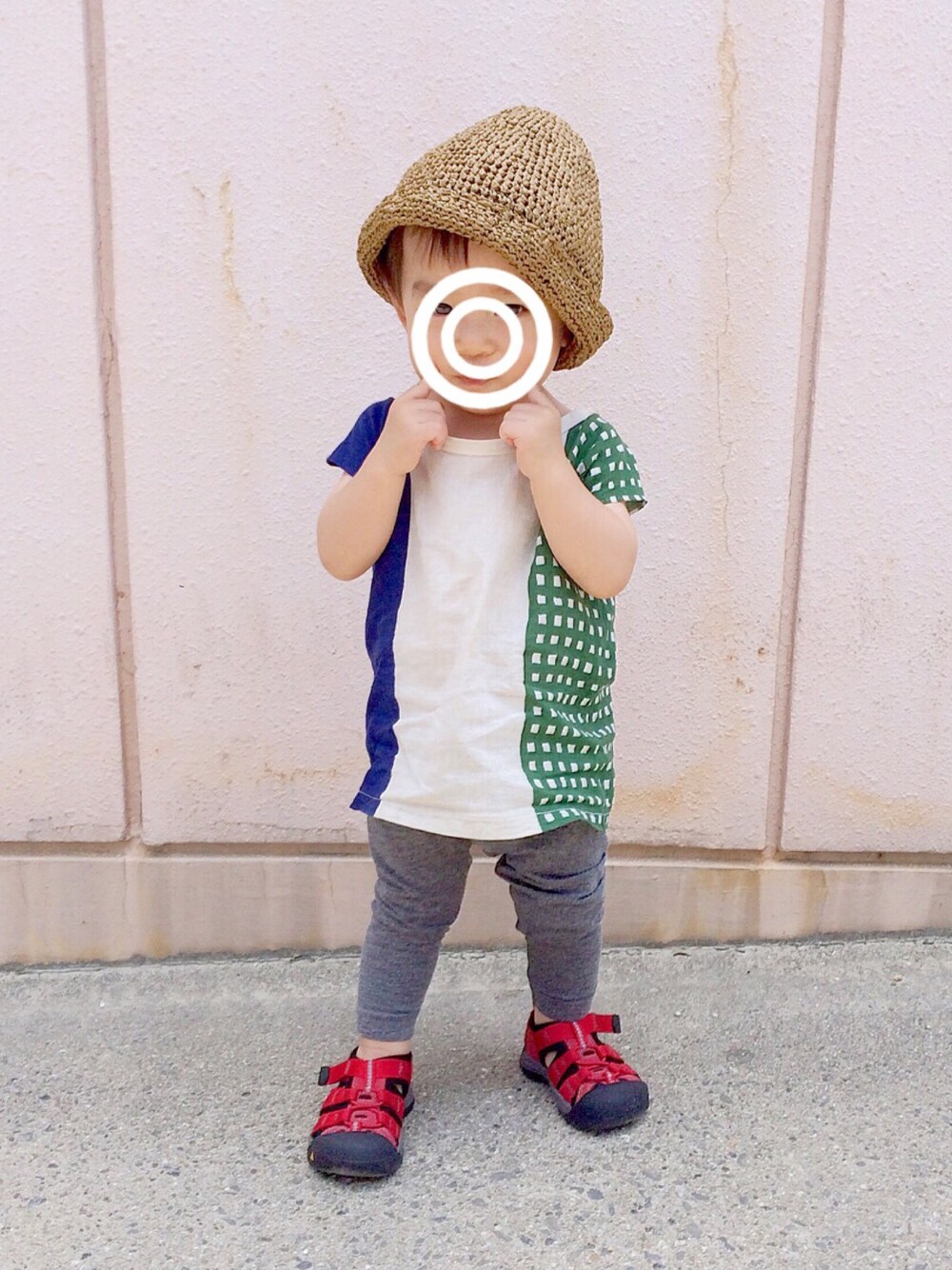 「手ぬぐい、麦わら帽子、ハンドメイド、手作り、SOU・SOU、sousou」｜「Handmadeのアイテム（Tシャツ/カットソー、その他）」を使った、きょーさんあやさんさん（キッズ・80cm）の夏コーディネートの1枚目の写真