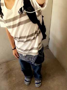 「ボーダーTシャツ」｜「アイテム（オールインワン・サロペット）」を使った、るるるさん（メンズ・169cm）の春コーディネート