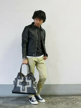 「JOURNAL STANDARD（ジャーナルスタンダード）のアイテム（ライダースジャケット）」を使った、JOURNAL STANDARD 表参道 スタッフさん（メンズ・175cm）の夏コーディネート
