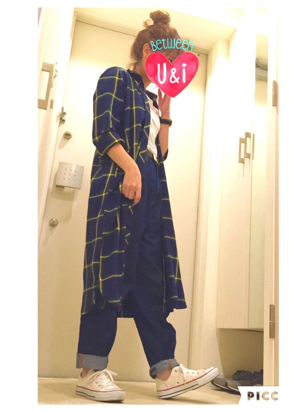 「秋のコーデ、緑チェック、ゆるパンツ、コンバース、チビーズ✳︎」｜「E hyphen world galleryのアイテム（ジャケット/アウター、その他）」を使った、Mcflyさん（レディース・152cm）の秋コーディネートの1枚目の写真