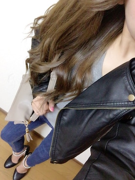 「NICE CLAUP（ナイスクラップ）のアイテム（ライダースジャケット）」を使った、RN♡さん（レディース・154cm）の秋コーディネート