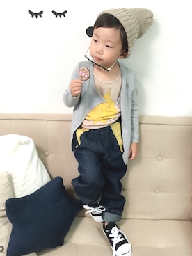「H&M（エイチ・アンド・エム）のアイテム（カーディガン/ボレロ）」を使った、Ryuさん（キッズ・90cm）の秋コーディネート