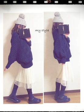 「タイツ×靴下」｜「アイテム（ニットキャップ/ビーニー）」を使った、akiさん（レディース・162cm）の冬コーディネート