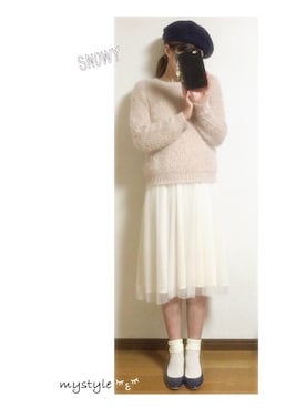 「ヒール×靴下」｜「アイテム（ハンチング/ベレー帽）」を使った、akiさん（レディース・162cm）の冬コーディネート