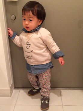 「韓国子供服のアイテム（スウェット、ベージュ系）」を使った、＊57さん（キッズ・90cm）の秋コーディネート