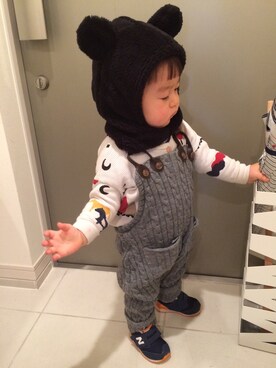 「韓国子供服のアイテム（サロペット/オーバーオール、グレー系）」を使った、＊57さん（キッズ・90cm）の冬コーディネート