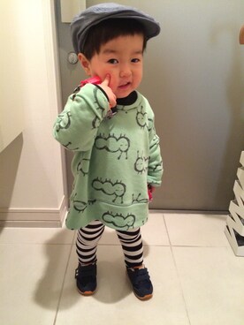 「韓国子供服のアイテム（スウェット、グリーン系）」を使った、＊57さん（キッズ・90cm）の冬コーディネート