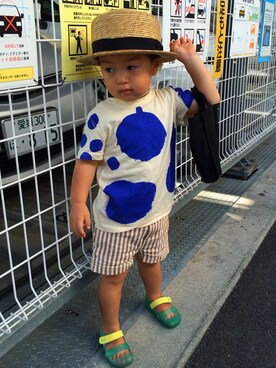 「BOBO CHOSES（ボボショーズ）のアイテム（Tシャツ/カットソー、ホワイト系）」を使った、＊57さん（キッズ・90cm）の夏コーディネート
