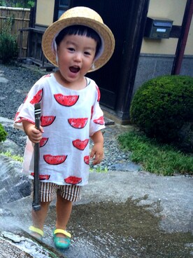 「BOBO CHOSES（ボボショーズ）のアイテム（Tシャツ/カットソー、ホワイト系）」を使った、＊57さん（キッズ・90cm）の秋コーディネート