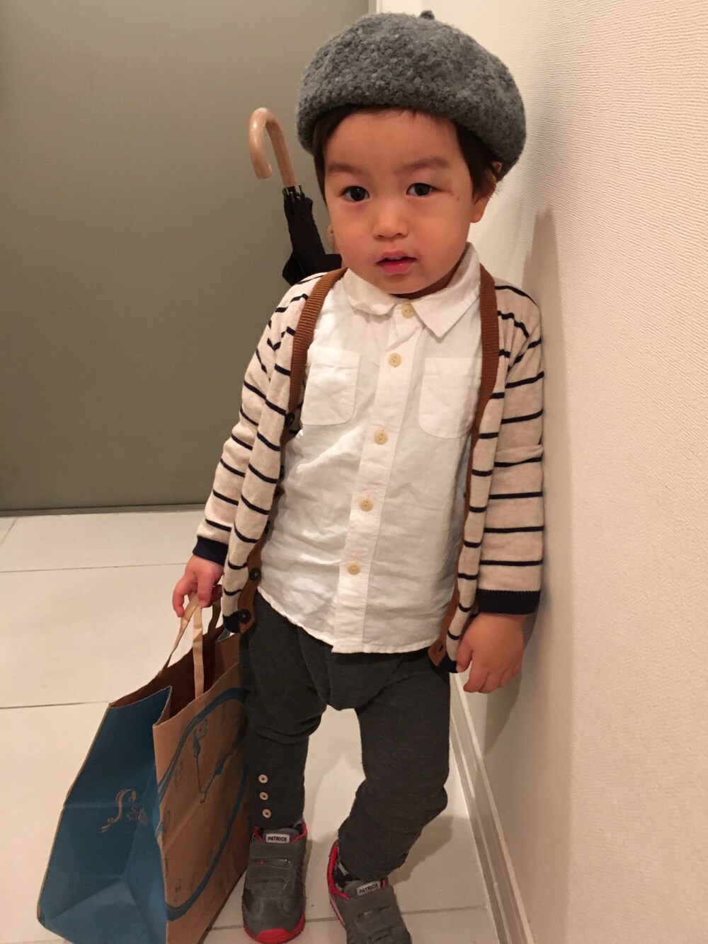 「ダッフルコート、キッズコーデ、冬コーデ、ZARA、SHIPS、ベレー帽、おとこのこ」｜「babyGAPのアイテム（シャツ/ブラウス、ホワイト系）」を使った、＊57さん（キッズ・90cm）の冬コーディネートの1枚目の写真