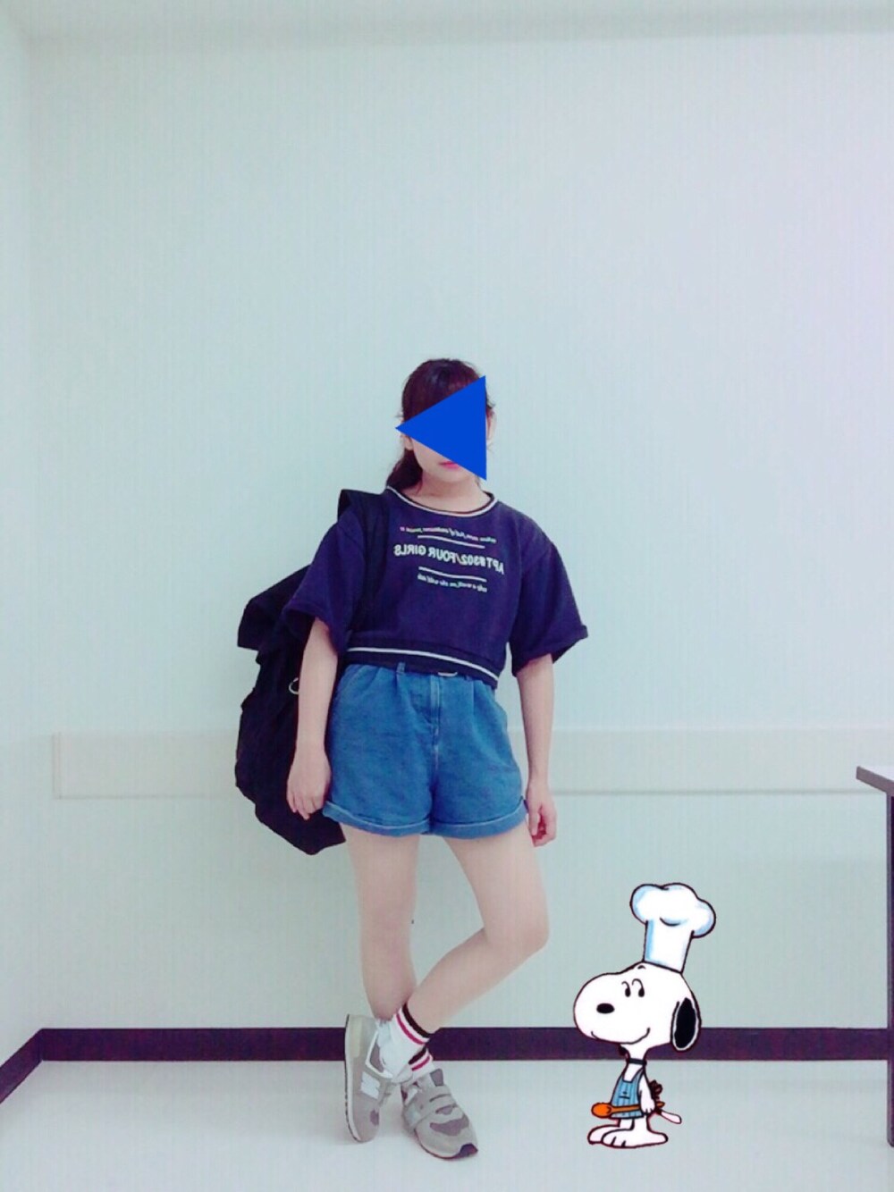 「mystic、one after another NICE CLAUP、ニューバランス574、NB574」｜「mysticのライン入りプリントプルオーバー（Tシャツ/カットソー、ブルー系）」を使った、まるちゃんさん（レディース・150cm）の夏コーディネートの1枚目の写真