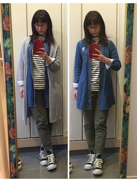 「ボーダー×デニム」｜「アイテム（シャツワンピース）」を使った、ぽっとこさん（レディース・160cm）の春コーディネート