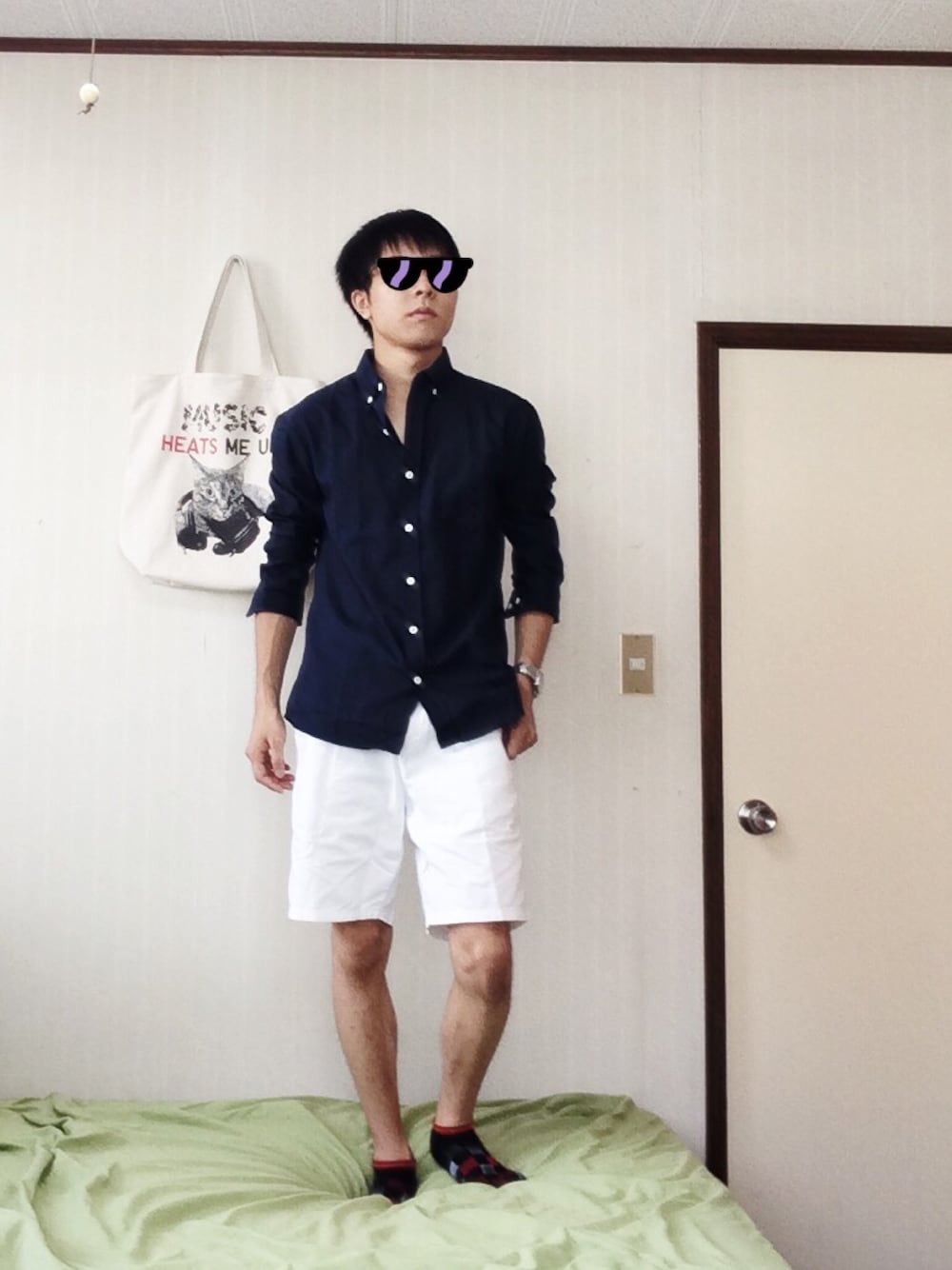 「夏、シャツスタイル、ネイビー、ホワイト、短パン」｜「GELEONEのアイテム（シャツ/ブラウス、その他）」を使った、ゆや こばさん（メンズ・164cm）の秋コーディネートの1枚目の写真