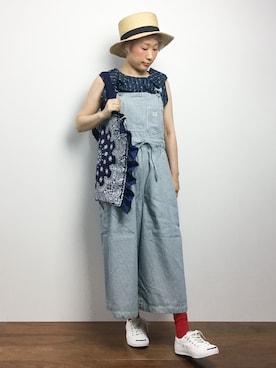 「UP START（アップスタート）のアイテム（オールインワン・サロペット）」を使った、ひいこさん（レディース・154cm）の夏コーディネート